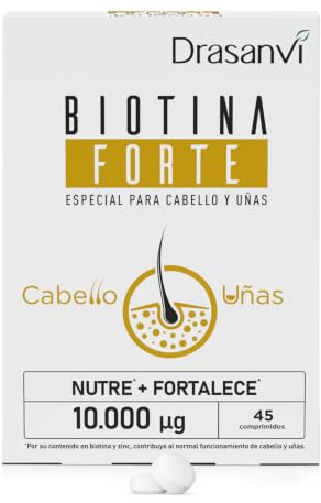 Biotina para el Cabello 10.000 mcg | Piel y Uñas, Zinc y Hierro | Drasanvi | Biotina Cabello Piel y Uñas 10.000 mcg, 20.000% VRN, con zinc y hierro para nutrir y fortalecer el cabello.