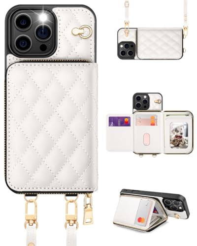 OCASE Argyle Hülle für iPhone 16 Pro Handyhülle, RFID-Blockierung PU-Leder Reißverschluss Handtasche Geldbörse, mit Rautenmuster Kartenschlitzen Halter Handgelenkband Lanyard Weiß