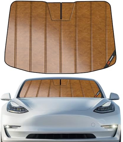 Pigenius Windshield Sun Shade for Tesla Model 3 2018-2026, Model Y 2020-2025 Old Body Style, Custom Front Window Sunshade - Leather
