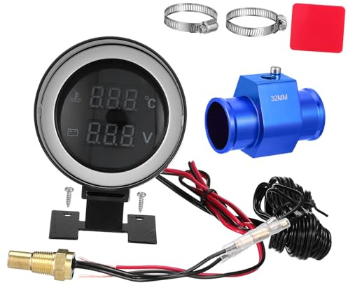 HIAKDOFT Medidor Digital De Temperatura Del Agua Y Voltímetro Para Coche Y Moto Pantalla Led Redonda Compacta Con Alarma Kit De Instalación Fácil Para Monitoreo De Motor Y Refrigerante