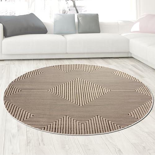 CARPETIA Teppich Rund Geometrisches Muster Beige mit Glanzeffekt Ø 200 cm | Weich, pflegeleicht, schmutzabweisend und formstabil, seitlich gekettelt, OEKO-TEX geprüft, für Fußbodenheizung