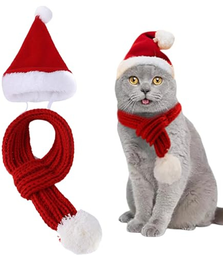 AYNKH Weihnachtsmütze und Schal für Haustiere, gestrickter Halswärmer mit Bommel, Weihnachtskostüm für Katzen und Hunde, Neujahr