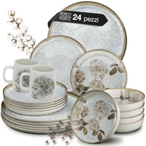 Moritz & Moritz Geschirrset 6 Personen 24-tlg. - Modernes Tafelservice mit verspieltem Design - Pflegeleichtes Kaffeeservice mit Teller Set, Schüsseln & Tassen - Kombiservice - Serie Blossom