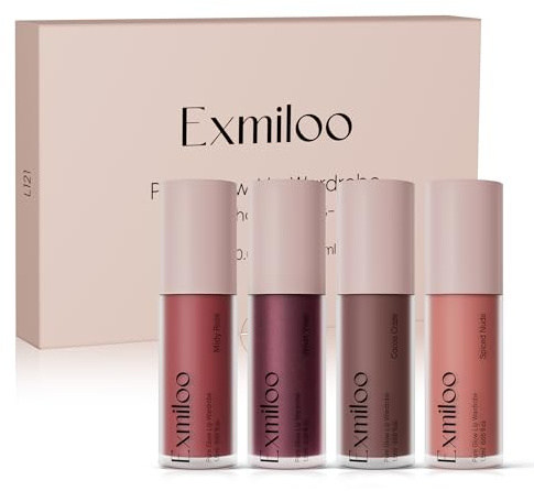 Exmiloo Mini Lip Tint Stain Set, Cocoa Rose & Spiced Nude | Warm rose, cocoa and metallic satin shades for soft glam; buildable colour from day to night.