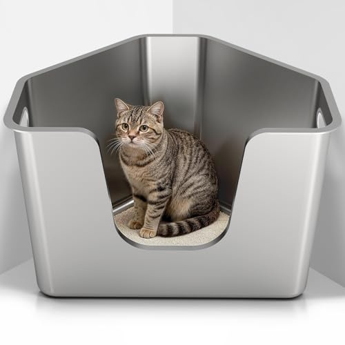 PTLOM Lebensmittelechtes Katzenklo Edelstahl Katzentoilette, Einteiliges Eck-Modell 37.5cm Hohe Seitenwände, Antihaftbeschichtet, Ohne Montage, Einfache Reinigung, Für Mehrkatzenhaushalte
