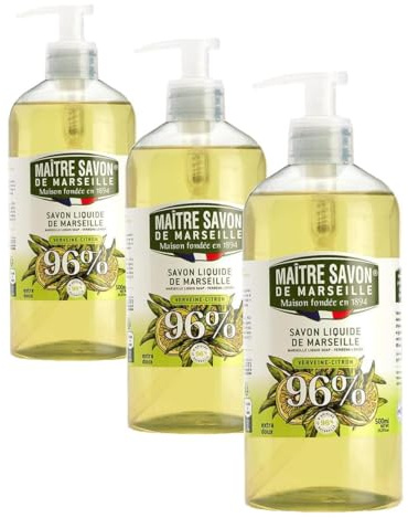 Maître Savon de Marseille - Savon de Marseille liquide VERVEINE-CITRON - 500ml. 96% d'origine naturelle (Lot de 3)