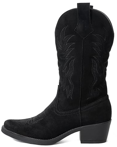 URBAN ROSA Stivali Texani Donna Cowboy Western con Punta Ricami e Tacco Largo Stivaletti Chic 957 (Nero Suede, 36 EU, Adulto, 36, Numero, Sistema Taglie Calzature EU, Media)