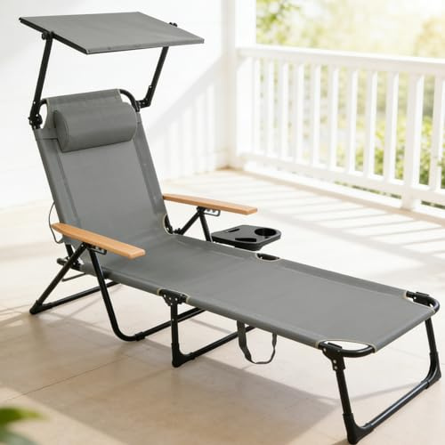 JHYCCDD Gartenliege mit Sonnendach, Strandliege Klappbar Leicht, Sonnenliege Klappbar, Gartenliege Wetterfest, Verstellbare Campingliege für Garten, Balkon, Camping, Strand (Grau, Mit Sonnendach)