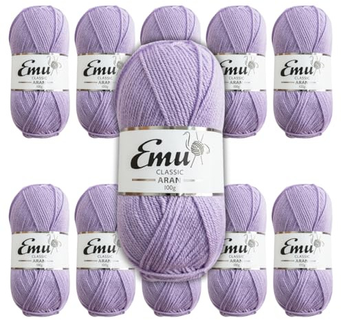 Emu Classic Aran Acrylic Yarn 100g Balls 210m, Pack of 10, Lilac - 107