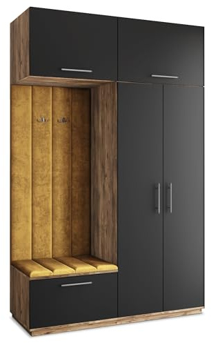 Masseno Flugarderoben Set Rema, Kleiderschrank-Set mit Sitzbank, Garderobenschrank Flur mit 5 Regalböden, Eiche Lefkas/Schwarz