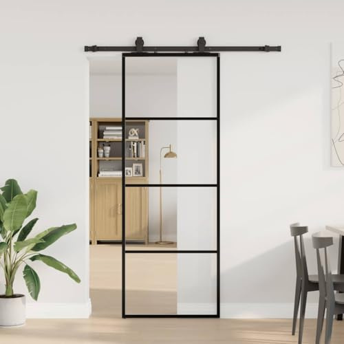 Puerta corredera con cristal templado y herraje negro 76 x 205 cm para guías deslizantes estables y diseño que ahorra espacio