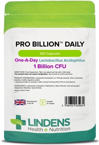 Lindens - Pro Billion Daily - Acidophilus Lactobacillus - 120 Capsules - UK Made - 1 Billion CFU Friendly Bacteria - Supports Digestive Health - Vegan Friendly - GMP & Letterbox Friendly