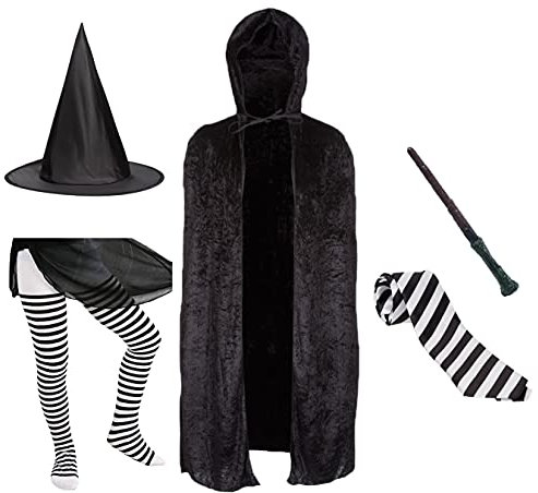 Witch Costume for Kids - 5Pc Set - Black Cape, Witch Hat, Wand, Striped Tights and Tie - Fancy Dress/Halloween/World Book Day Costumes for Girls and Boys – 6+ Years