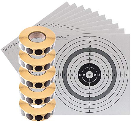 shoot-club Schusspflaster schwarz 19 mm selbstklebend - 10000 Stück auf 5 Rollen - inklusive 10 ShoXx. Zielscheiben 14 x 14 cm