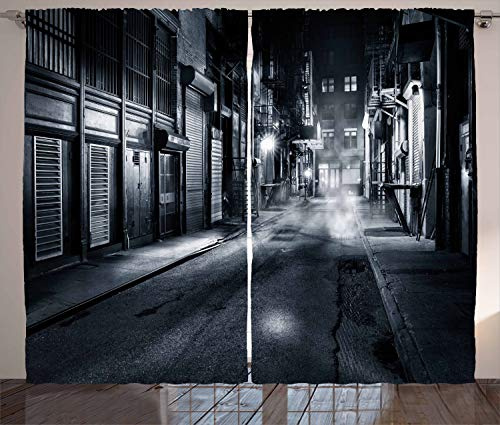 ABAKUHAUS Nacht Rustikaler Vorhang, Dunkle Stadt NYC Landschaft, Wohnzimmer Universalband Gardinen mit Schlaufen und Haken, 280 x 175 cm, Schwarz und Weiß