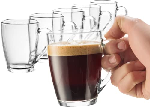 Bormioli Rocco Juego de 6 tazas de café de vidrio, 10¾ onzas con mango práctico, vasos de té para bebidas frías y calientes, resistentes a los golpes térmicos, vidrio templado, para capuchino, latte,