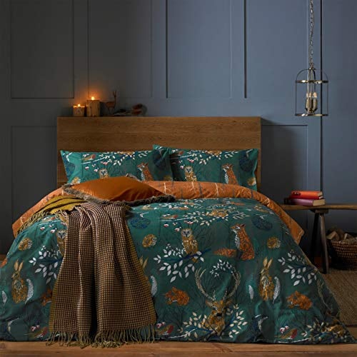 furn. Forest Fauna Woodland Duvet Set – Reversible Nature Inspired Bedding with Animal Print, Soft Polycotton, Machine Washable (Emerald – Super King)