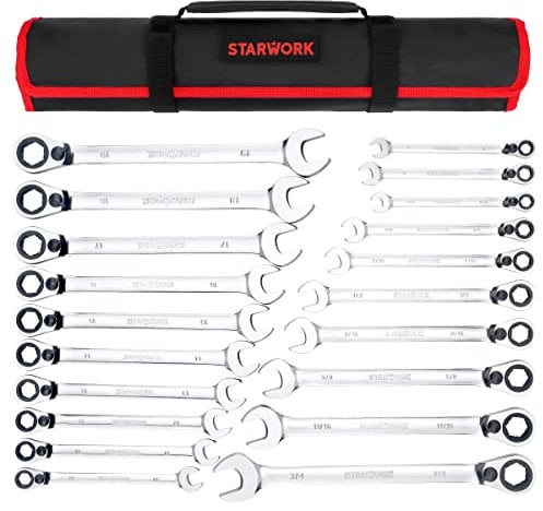 STARWORK True Mechanic™ Lot De 20 Clés Mixtes à Cliquet Réversibles à 6 Points SAE à 15 ° Et Antidérapantes Avec Sac De Rangement Portable (5/16 -3/4 & 8-19 mm)