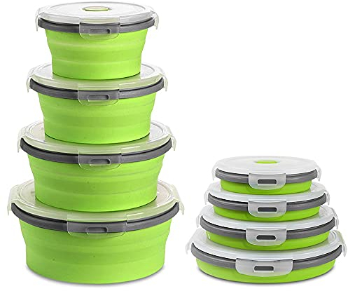 FSYEU Frischhaltedose Set, Faltbare Frischhalteboxen 4 Stück Silikon Container Brotdosen, Faltbare Schüssel Set Vorratsdosen Set mit Deckel, Bento Lunchboxen für Kühlschränke Mikrowellen (Grün)
