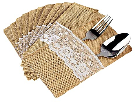 30Stk Jute Bestecktasche Spitze Vintage Besteckbeutel Besteckhalter Hochzeit Sackleinen Taschen Hochzeitsdeko Tischdeko für Hochzeit Party