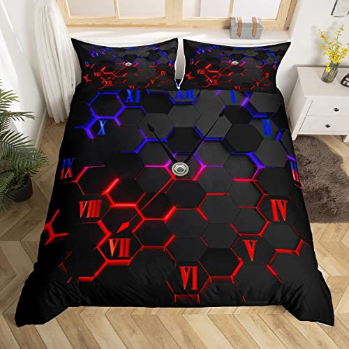 Bettwäsche-Set mit Wabenmuster, für Doppelbett, rot und blau, sechseckig, geometrisch, für Kinder, Jungen, Geschenk, abstrakte Uhr, Bettwäsche-Set mit 1 Kissenbezug, weiche Polyester-Tagesdecke