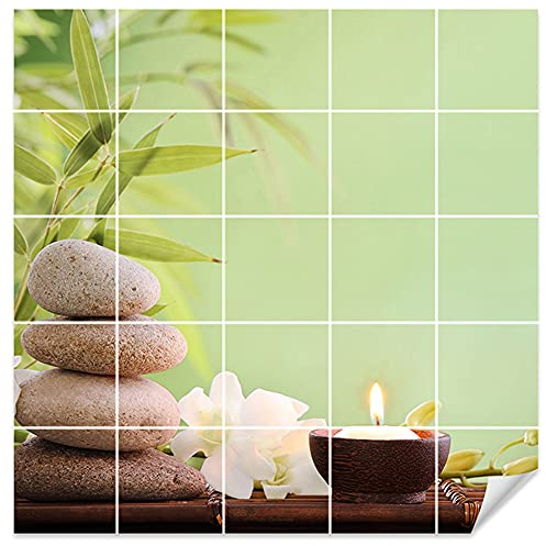 GRAZDesign Fliesenaufkleber Bad Wandfliesen selbstklebend, Wellness Grün Klebefliesen - Wellness Steine mit Kerze