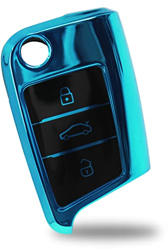 Finest Folia Autoschlüssel Hülle für 3 Tasten Auto Schlüssel TPU Schutzhülle Chrom Hochglanz Schlüsselhülle Cover Kfz Zubehör VB (Chrom Blau)