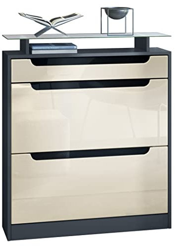 Vladon Schuhschrank Fiesta für 16 Paar Schuhe mit 2 Klappen und Glasablage, Anthrazit matt/Creme Hochglanz, Griffmulden in Schwarz Hochglanz (89 x 104 x 23 cm)