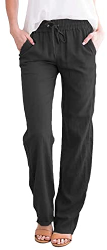 UMIPUBO Pantalon Femme Été Coton Lin Pantalons Décontractés Pantalon de Jogging Ample avec Poches Pantalon uni à Cordon Élastique (Noir,M)
