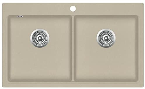 Hommdiy Granitspüle Einbauspüle Küchenspüle Spülbecken Doppelbecken Beige