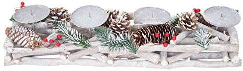 Adventsgesteck-AM, Adventskranz länglich, Weihnachtsdeko, Holz 11x15x50cm weiß-grau - ohne Kerzen