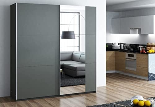 Schiebeschrank Bastia 200 cm mit Spiegel, Kleiderschrank Schlafzimmer, Wohnzimmer - 200 x 215 x 65 Farbe: Graphite, Schwebetürenschrank mit 2 Kleiderstange und Ablagen; Mehrzweckschrank