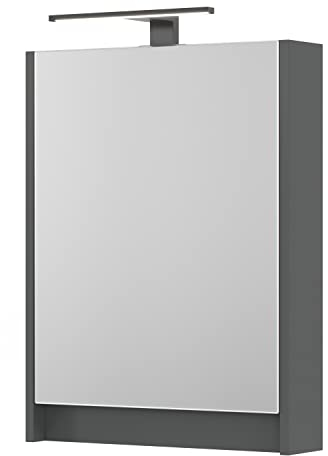 Planetmöbel Spiegelschrank Bad mit Beleuchtung 50 x 65 x 11,4 cm, grau matt, Badezimmerschrank mit Spiegel und LED Aufbauleuchte