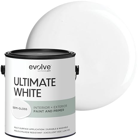 EVOLVE Ultimate White Paint & Primer in One, Semi-Gloss White, 1 Gallon – Interior & Exterior, One-Coat Coverage, Excellent Hide, Low Odor, Low VOC, Washable Paint for Walls, Ceilings & Trim