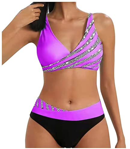 Generisch Meerjungfrauenflosse Mädchen, Badeoberteil Damen Triangel Bikini Große Größen Women's Split Bikini with Hot-Stamped Bikini Sexy Bra Pads and No Steel Bra Swimming Costume (XL, Lila)