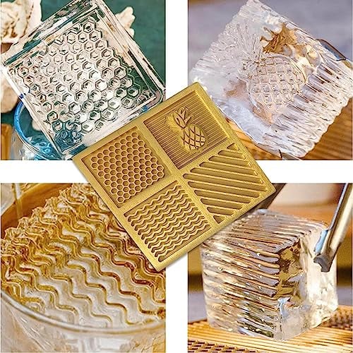 Brass Ice Designer Tray Ice Cube Molds 4 Patterns Ice Cube Stamp Stamping Plate for Bar Home, Brass Tray Storage Tray for Whiskey Cocktails…