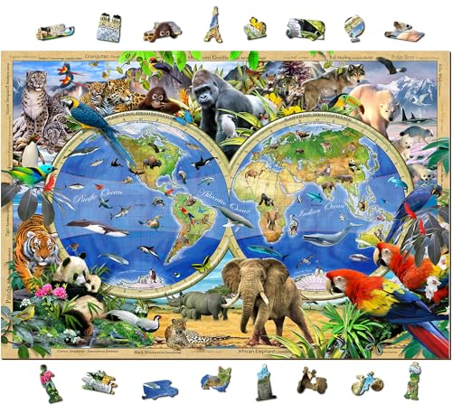 WOODEN.CITY Wooden Jigsaw Puzzles for Adults - 1000 Pieces Size 51.9 x 37.5 cm - Premium Quality Wooden Jigsaws - Unique Shape Best Gift for Adults (Animal Kingdom Map)