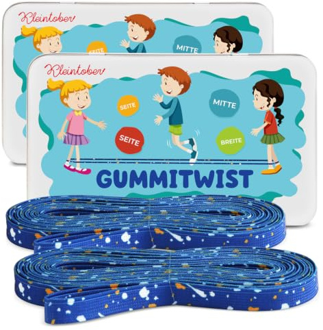 Kleintober 2er Set Gummitwist Kinder I Zwei Hüpfgummis Twister I Indoor und Outdoor Spielzeug I Blau Band mit Anleitung für Spiele I Mädchen & Jungs