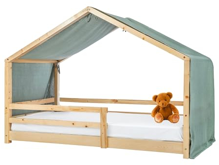 Lovely Hippo Hausbett Himmel - 100% Baumwolle Betthimmel Hausbett aus Musselin - Bett Vorhang Kinderbett - Himmelbett Vorhänge für 80x160 & 90x200 (Eukalyptus/Gold, 97 x 402cm, Ohne Tasche)