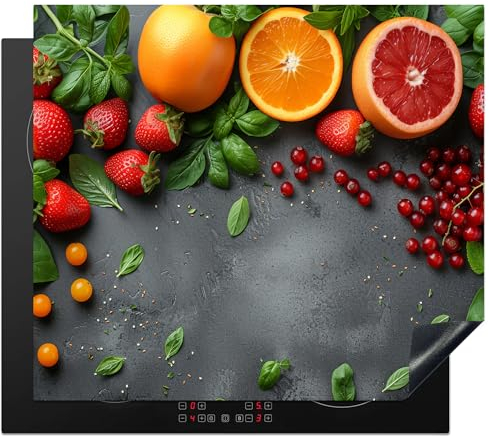 KitchenYeah© Protection Plaque Cuisson Deco Cuisine Cache Induction 60x52 cm Protege Pour Cuisiniere Protection Indispensable Fruits - Béton - Orange - Fraise