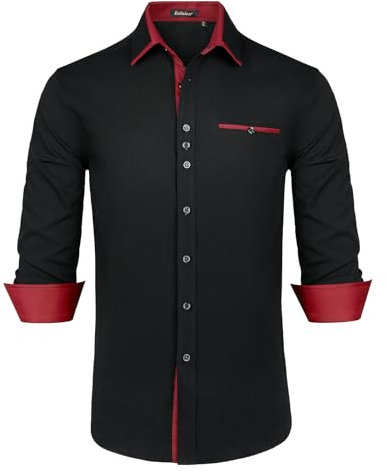 Enlision Chemise à manches longues pour homme, coupe droite, avec boutons, Noir/bordeaux, XL