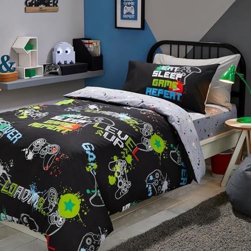 Bedlam Black Gaming Duvet Cover Single Size (140x200cm) – Glow in the Dark Reversible Bedding – 2 Pillowcases – Gamer Bedroom Accessories – Video Game Theme