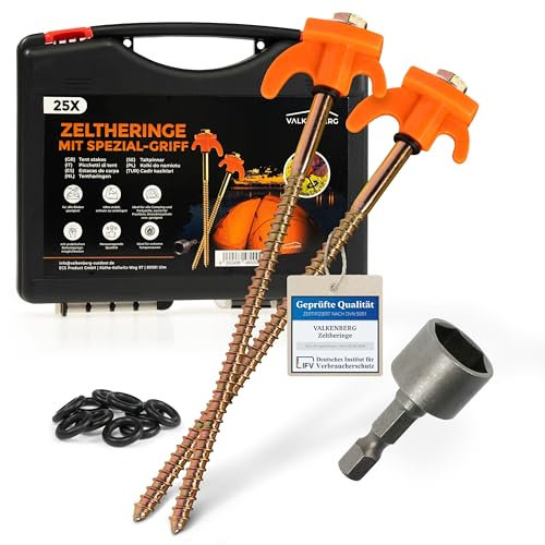 VALKENBERG 25x Schraubheringe Camping [Stahl] - Heringe Camping mit Transportbox und Steckschlüssel - Zeltheringe zum Schrauben für alle Böden - Heringe Zelt sturmsicher und stabil