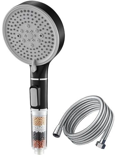 TLHWIN Cabezal de ducha ahorrador de agua, filtro de ducha de mano con piedra mineral y 5 tipos de chorro, cabezal de ducha presurizado con 3 capas de filtración