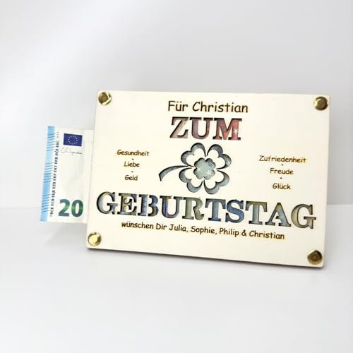 Personalisierte Geldgeschenk zum Geburtstag Kleeblatt Design, Geldgeschenk Holz, Geschenk Geburtstag, Handgefertigtes Geschenk mit Wunschgravur - Name und persönlicher Text