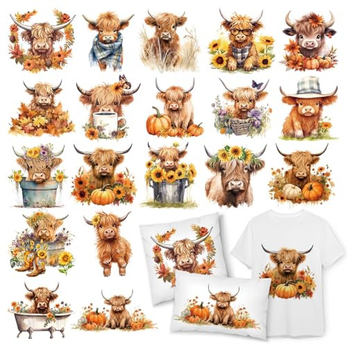 JarThenaAMCS 19 Blatt Highland Cow Iron on Stickers Fall Rind Kürbis Blume Heat Transfer Decals Herbst Gedruckt HTV Crafts Vinyl für Kleidung T-Shirts Stoff DIY
