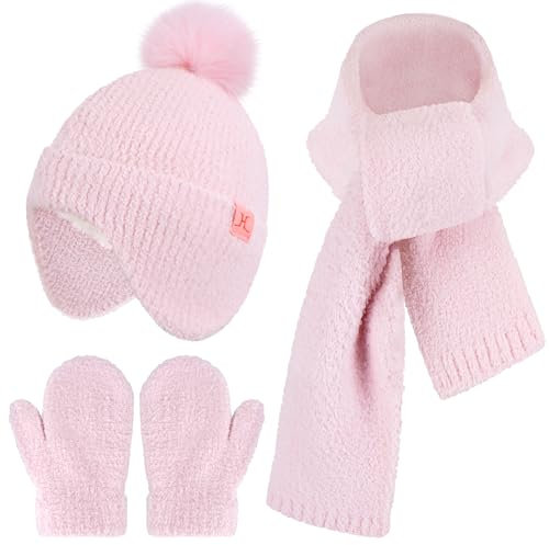 Bequemer Laden Toddler Kids Winter Hats Mittens Gloves Scarf with Warm Ear Flaps Pom Pom Baby Beanie for 0 6 12 18 Months 1 2 3 4 Years Old Girls Boys Gifts