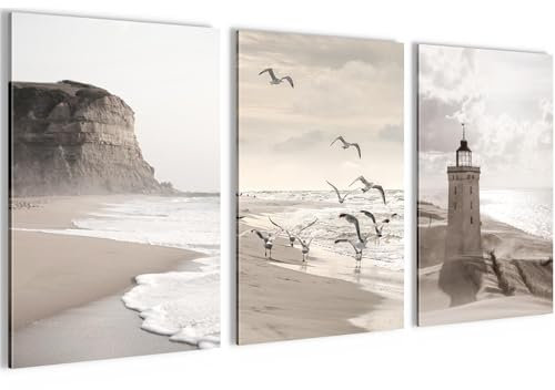 Novart Bilder Set Strand Meer Boho - Kein Extra Rahmen benötigt - Wandbilder für Wohnzimmer Schlafzimmer Flur - 3 Teilig Deko Beige - N033736a