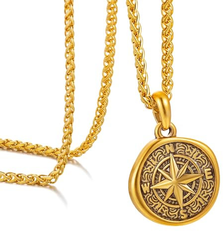 murtoo kette herren, halskette kette, silberkette herren, kompass kette, kompass anhänger, edelstahl kette, anhänger kette, geschenk herren (Vintage Gold, Weizenkette)