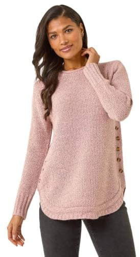 Roman Women Ribbed Jumper for Women UK Ladies Curved Hem Sweater Stitch Detail Pullover Chunky Knitwear Knit Winter Autumn Textured Oversized Soft Cosy Comfy - Rustic Pink - Size 20